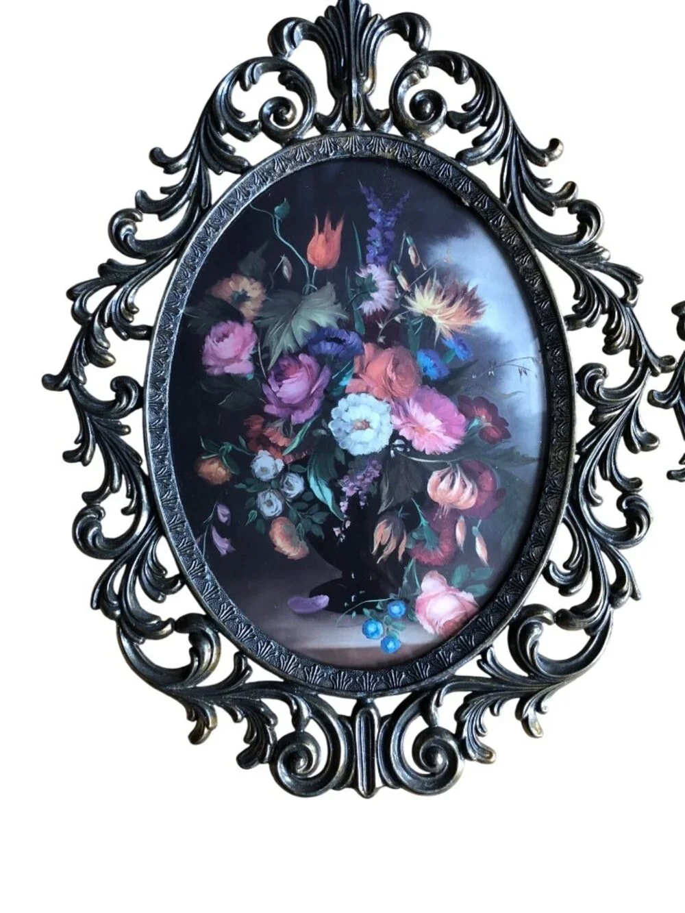 Vintage Italian Floral Wall Art Set With Ornate Frames - Oval Shaped - Made In I